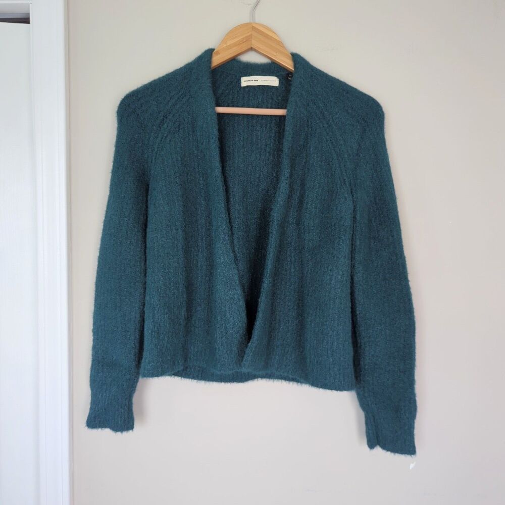 Sleeping On Snow Teal Blue Wool Alpaca Eyelash Cardigan Sweater XS Cozy Soft